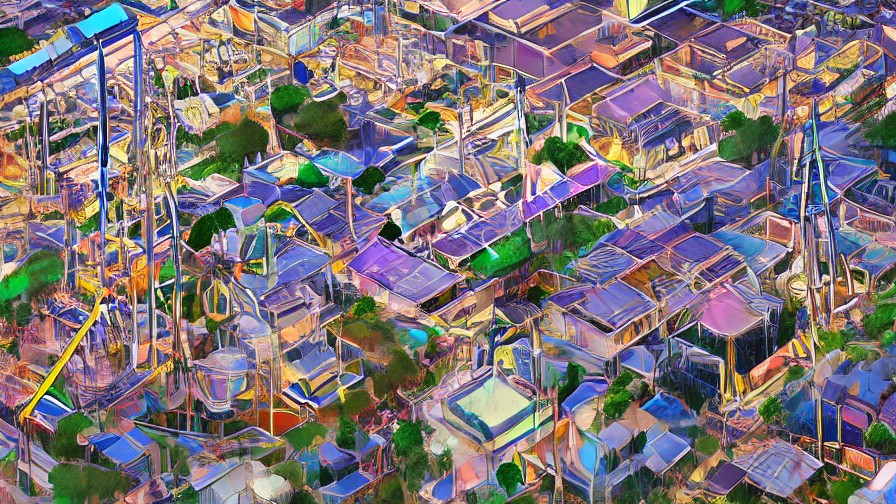 Anime-style European amusement park skyline with dramatic roller coasters