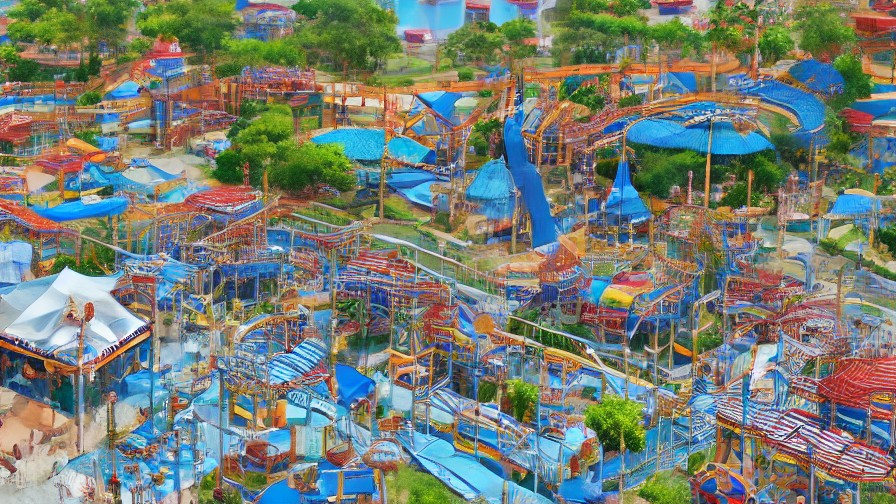 Anime-style summer amusement park scene with wooden coaster and water attractions